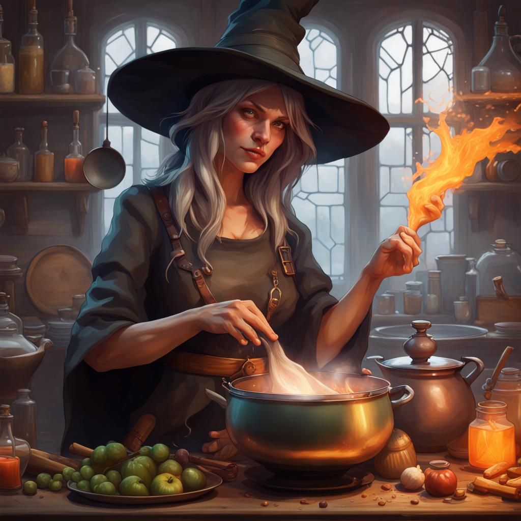 Detailed Portrait of a Witch Brewing Potion