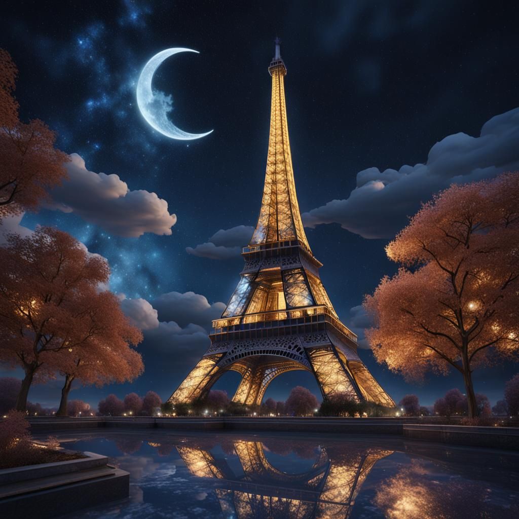 Eiffel Tower Under Starry Night Sky: Matte Painting