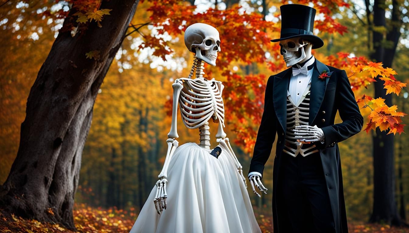 Elegant Skeleton Saluting Ghostly Lady in Autumn Forest