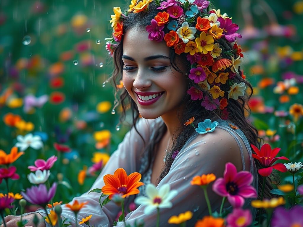 Whimsical Woman Surrounded by Blossoming Flowers in a Rainy....