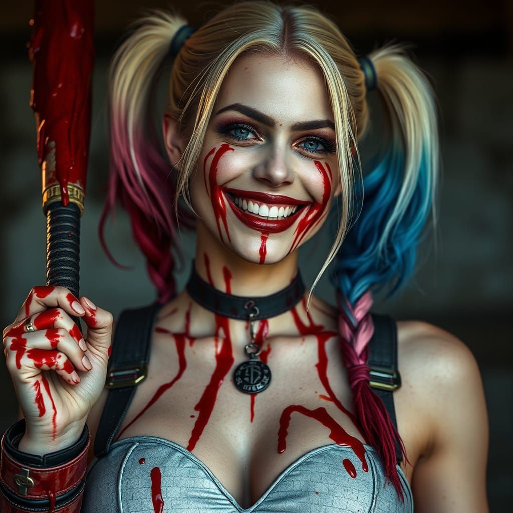 Hyperrealistic Woman in Blood Armor with Bloody Bat