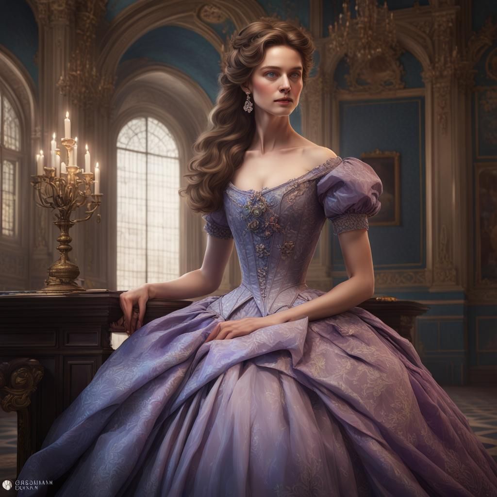 Noblewoman in Dior Gown, Hyperdetailed Art Nouveau Portrait