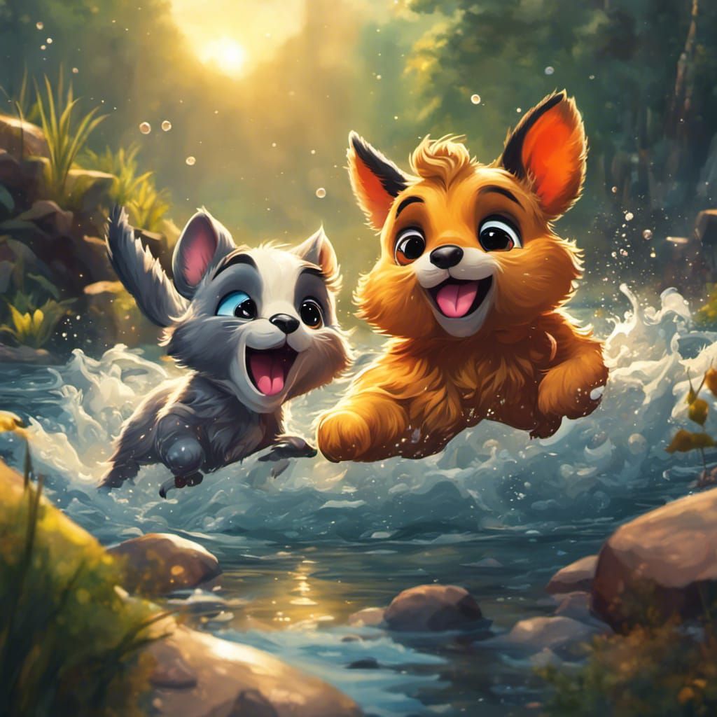 Cartoon Animals Play in River: Hyperrealistic Splash Art