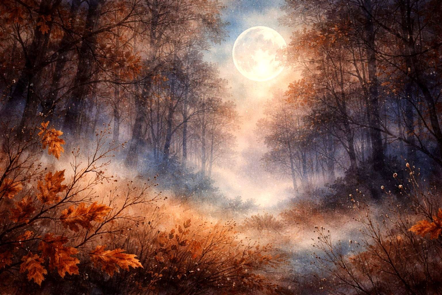 Ethereal Forest Scene with Moon Glow in Autumn Colors