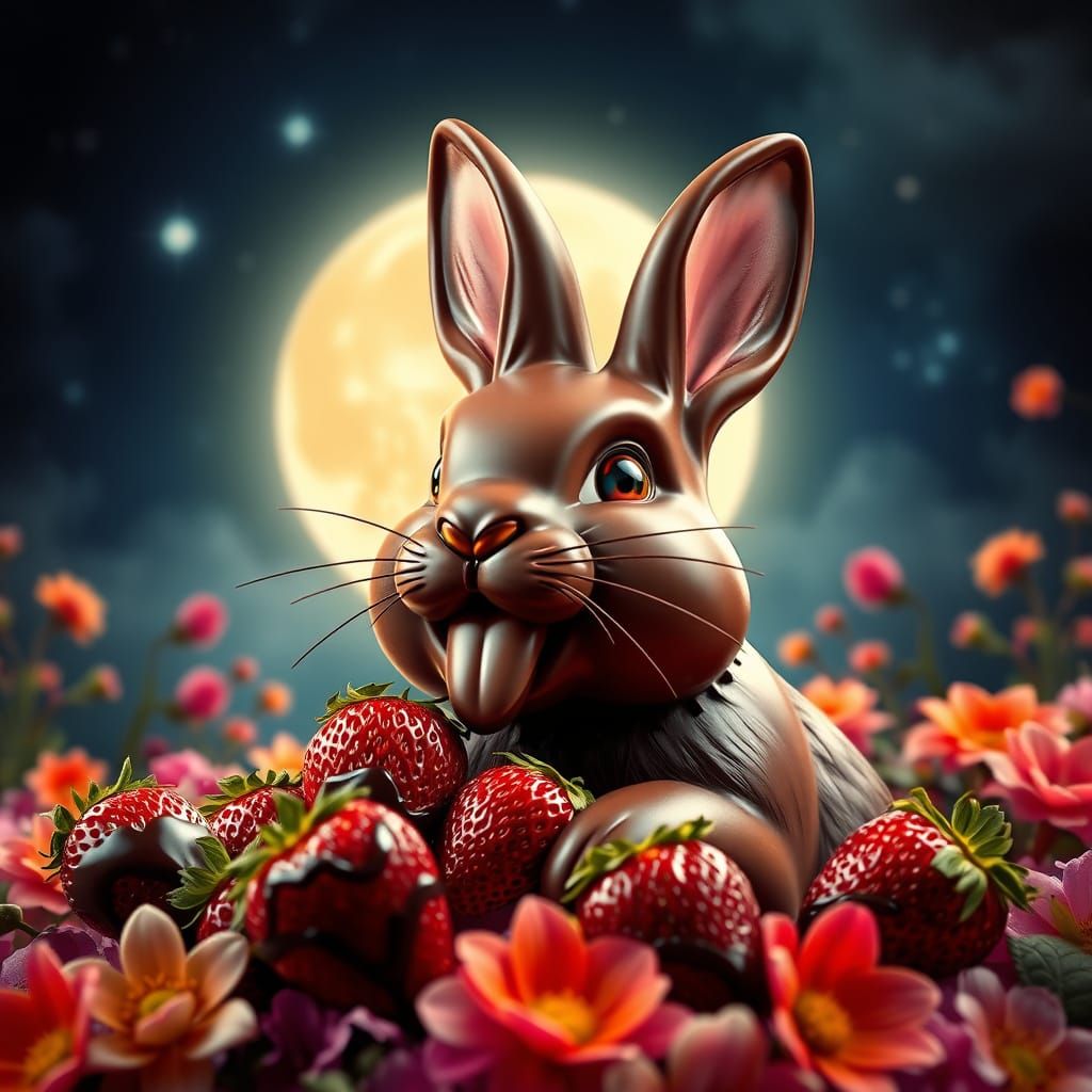Chocolate Bunny's Floral Moonscape Feast in Hyperrealism