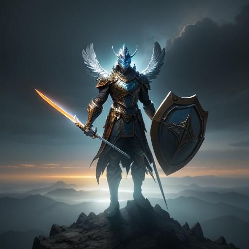 Archangel Michael on Mountain Peak: Dark Fantasy Art