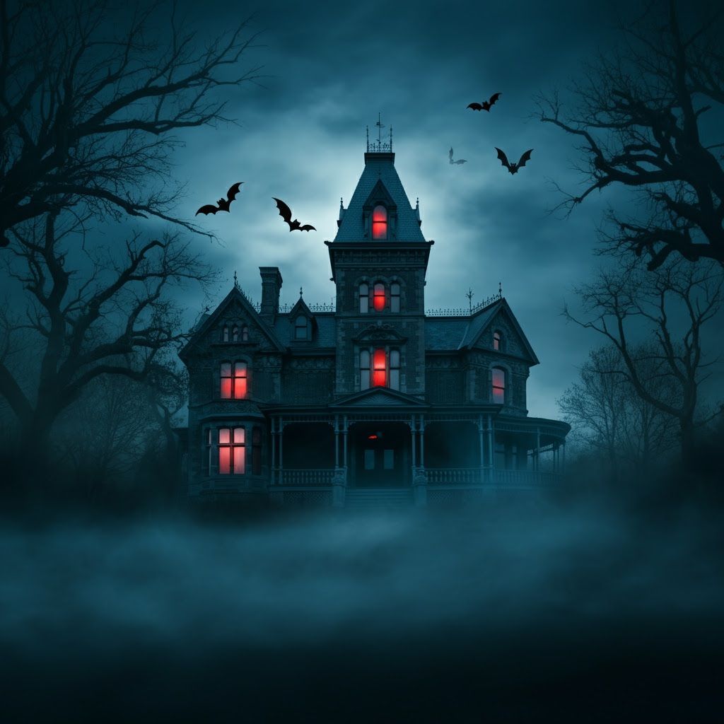 Gothic Victorian Mansion in Ethereal Mist Under Night Sky