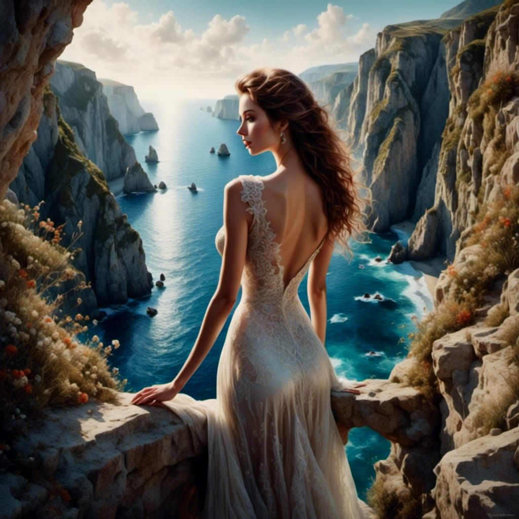 Woman Contemplating Ocean's Vastness in Hyperrealism