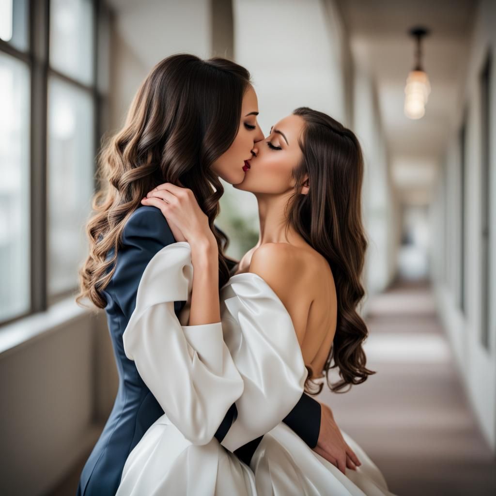 Woman in Suit Kisses Woman in Gown