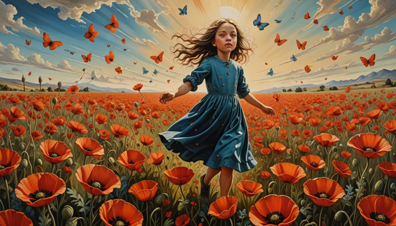 Surrealism: Girl Chasing Butterflies in Poppy Field