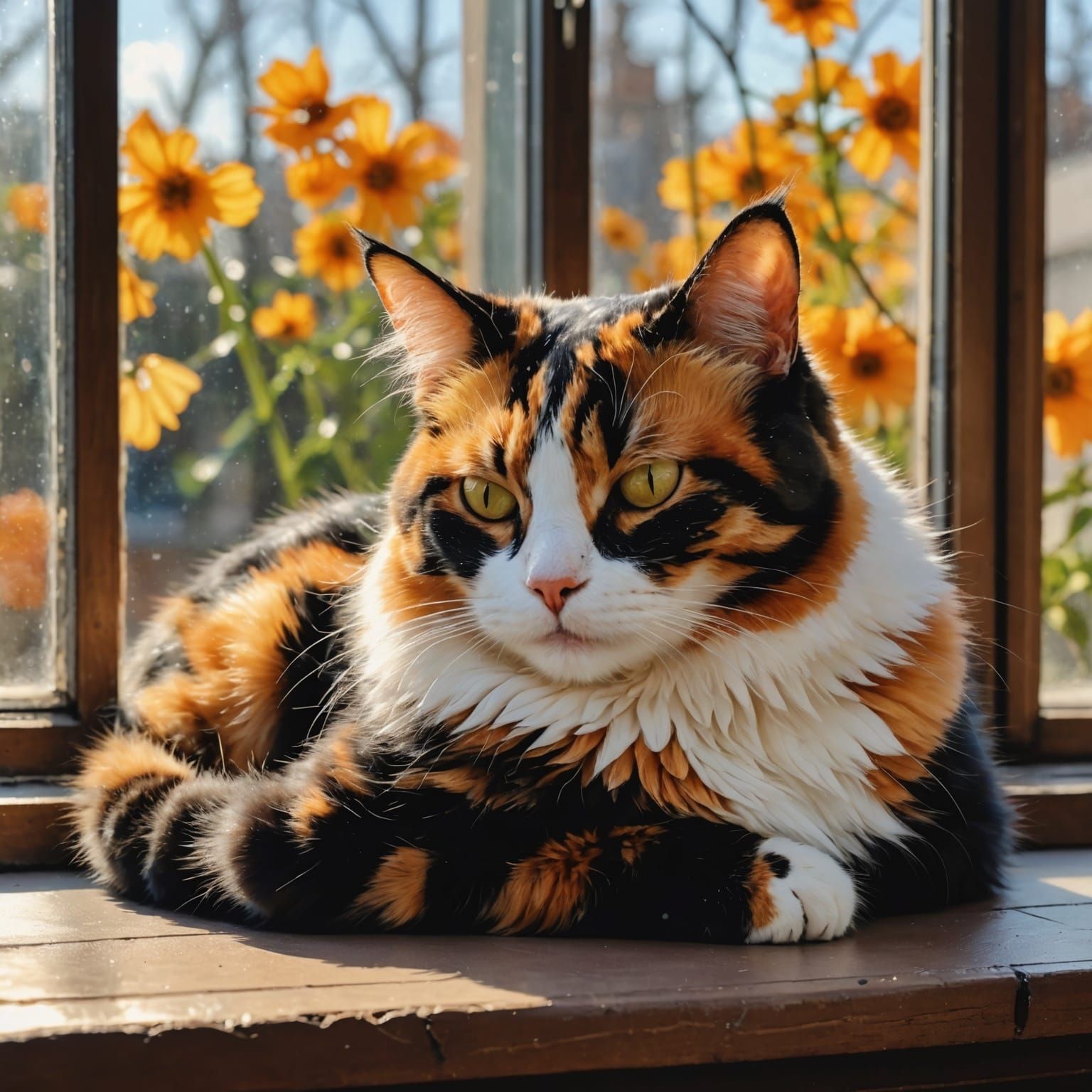 Calico Cat Sleeping in Window, Alcohol Ink Art