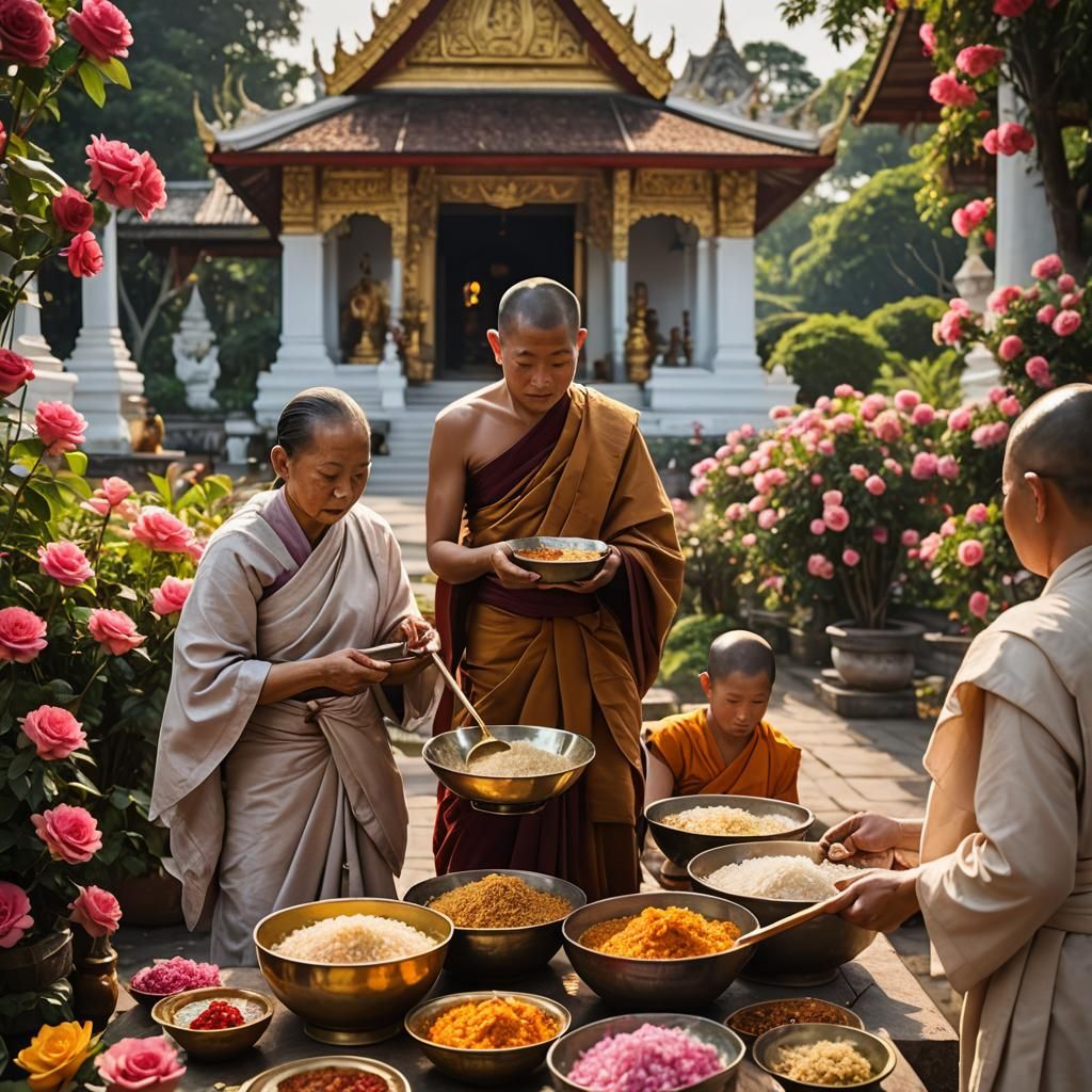 Thai Women Offer Alms to Monks