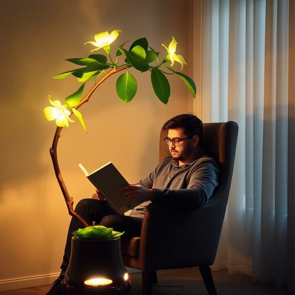 Man Reading by a Glowing Plant Lamp