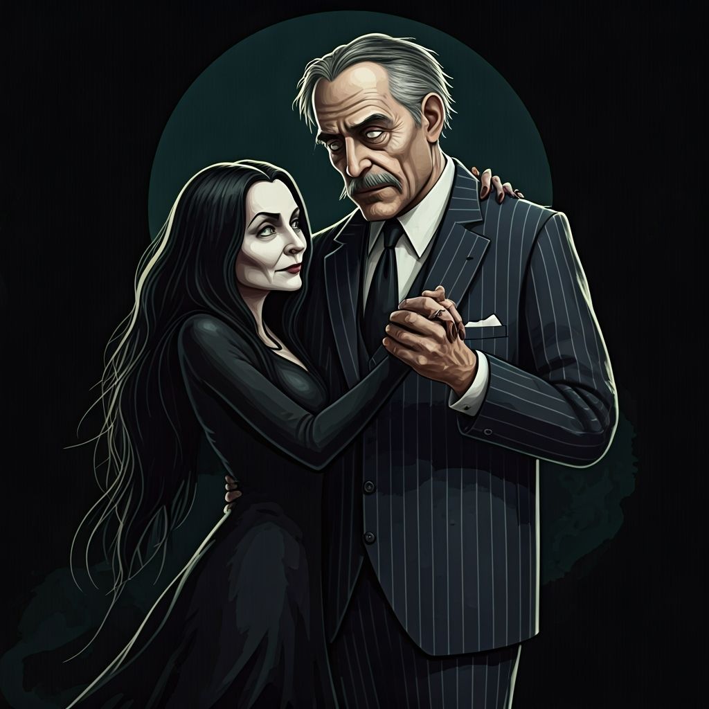 Elderly Couple's Macabre Dance, in Gorey-Addams Style