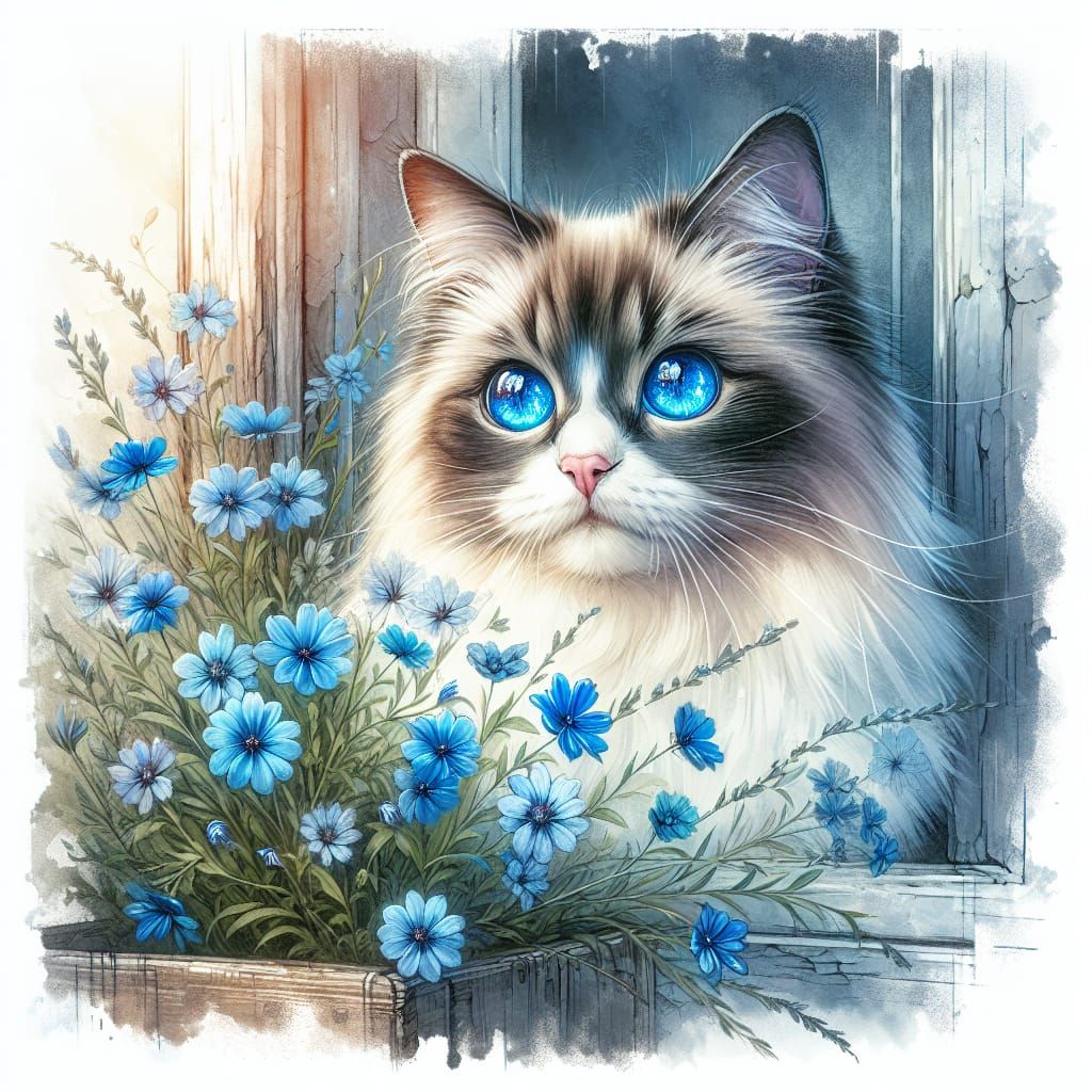 Ragdoll Cat Portrait in Watercolor Window Box