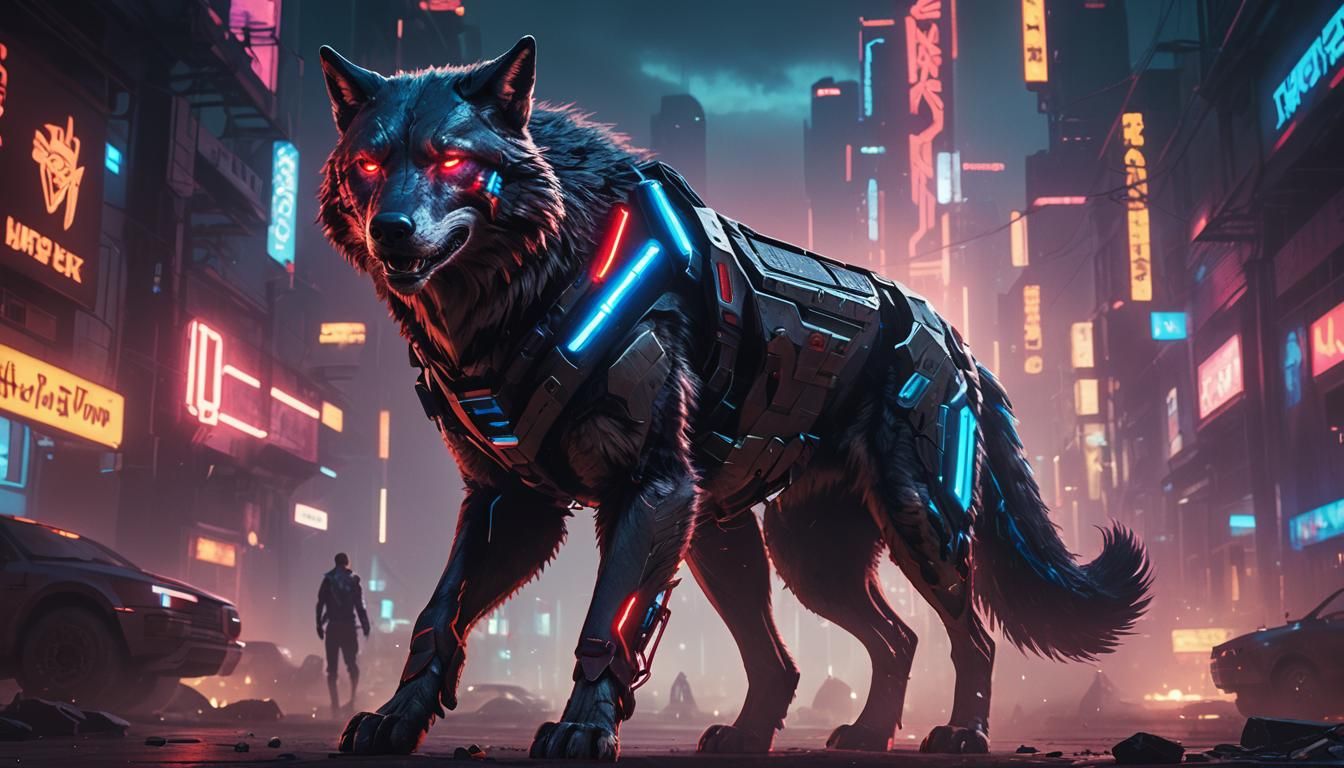 Futuristic Neon Wolf Warrior in Cyberpunk 2099
