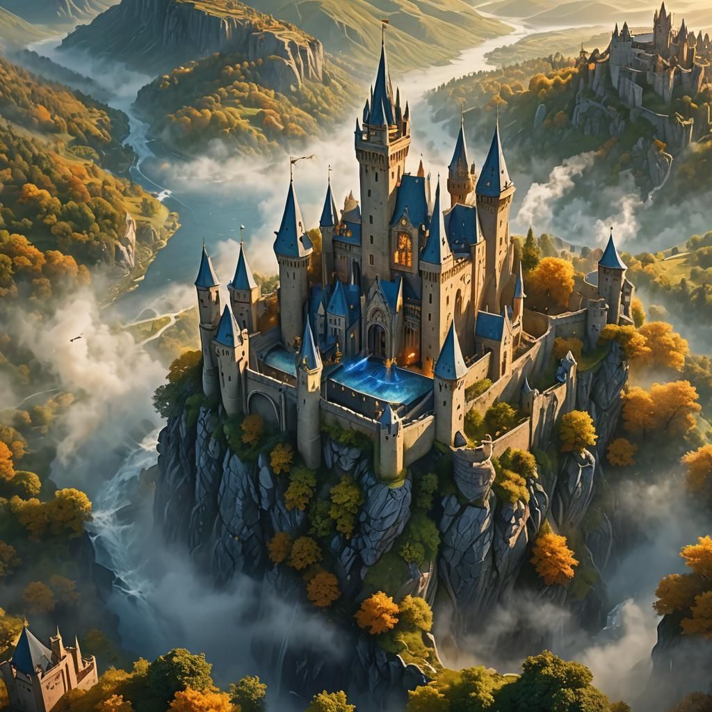 Phoenix Attacks Castle in Ethereal Fantasy Landscape