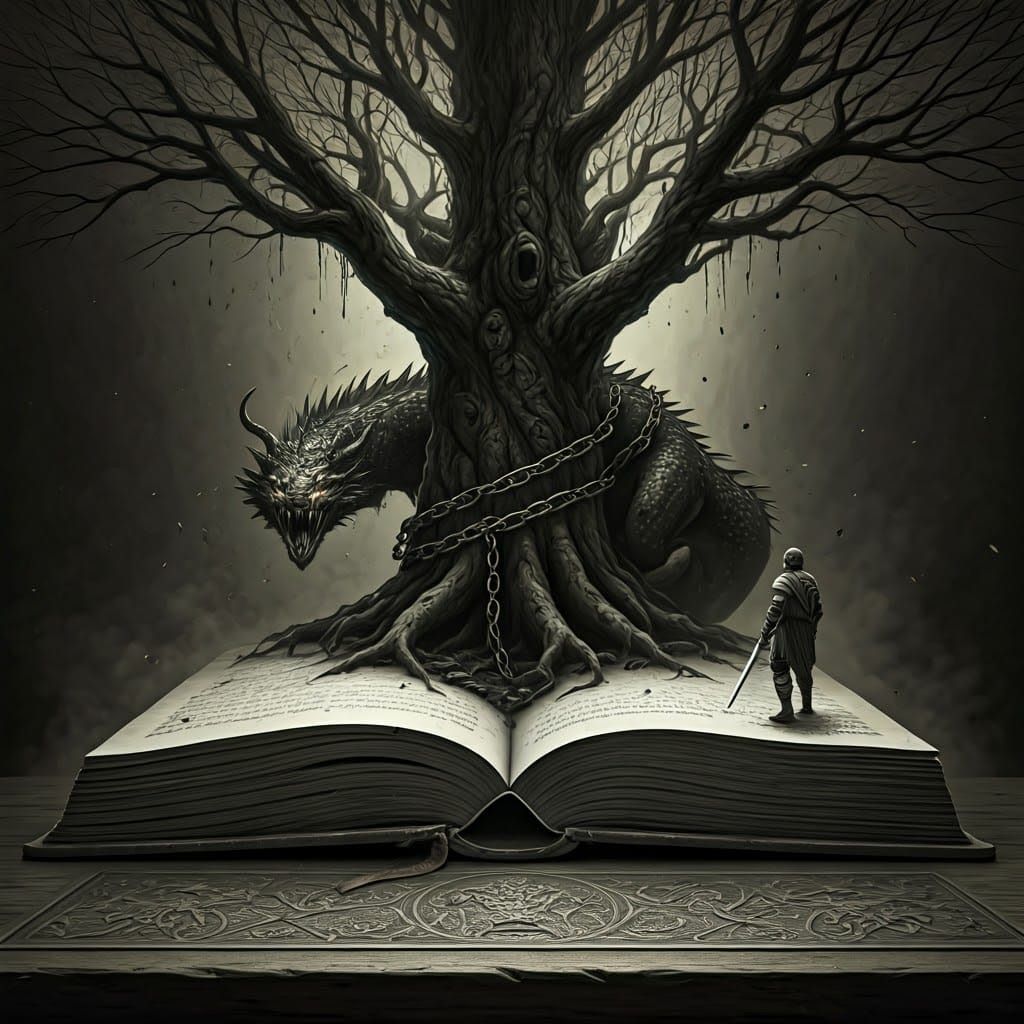Tree Emerges from Ancient Tome, Surrounded by Dragon and Her...
