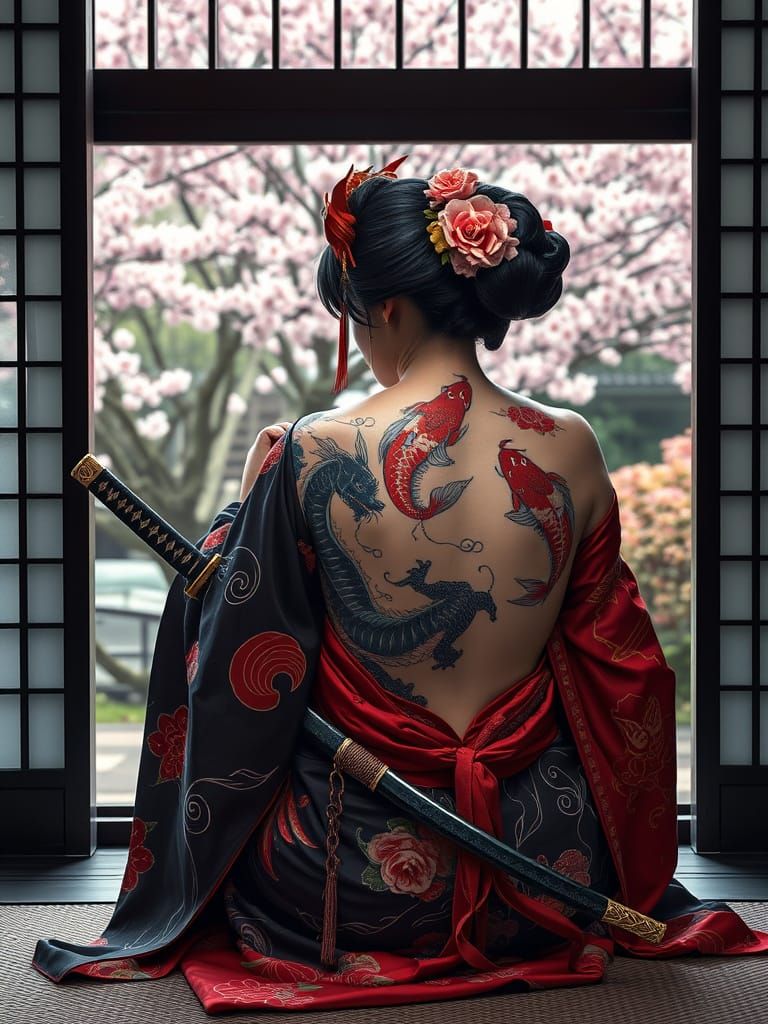 Geisha Exposing Dragon and Koi Tattoo