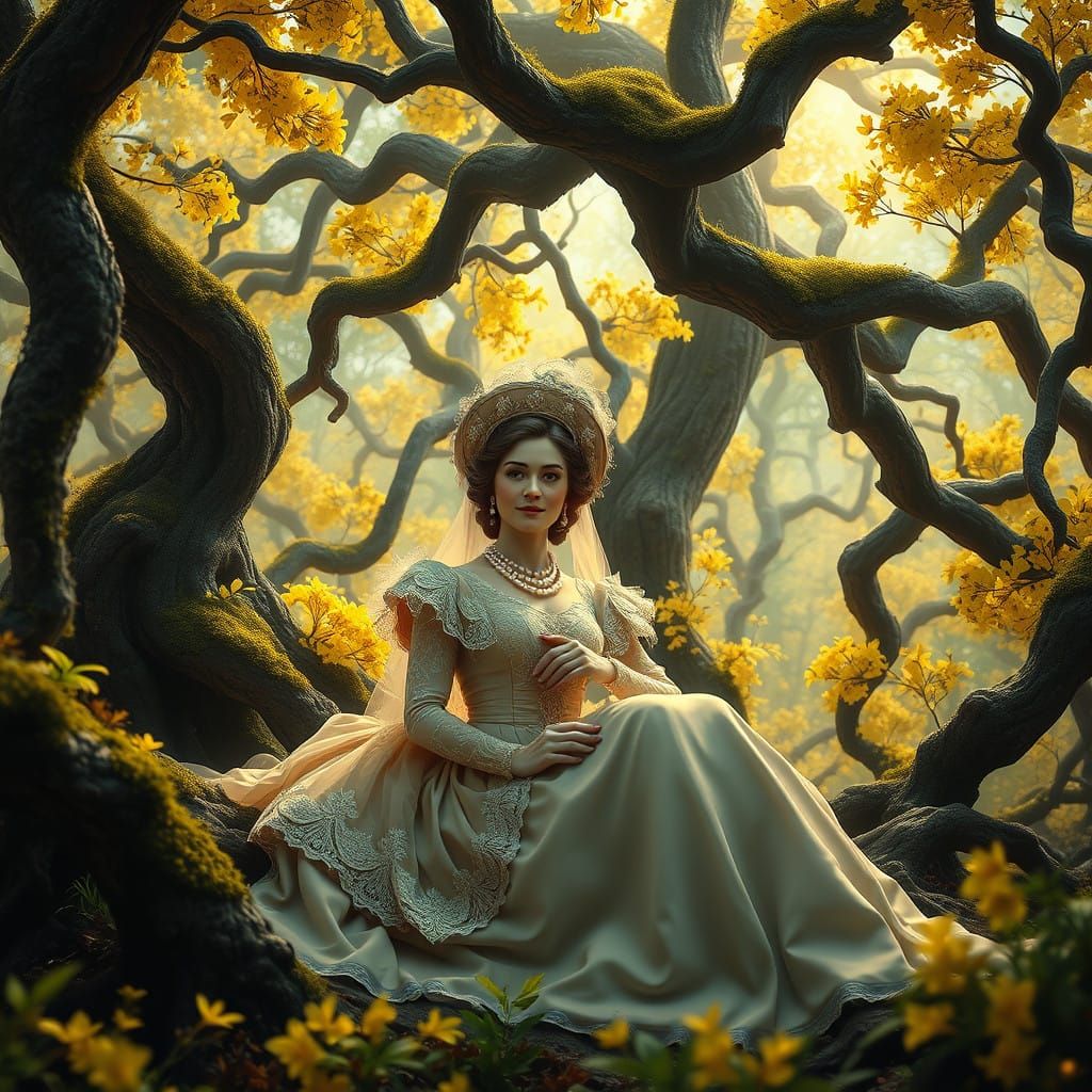 Regal Lady in Vibrant Blossom Forest