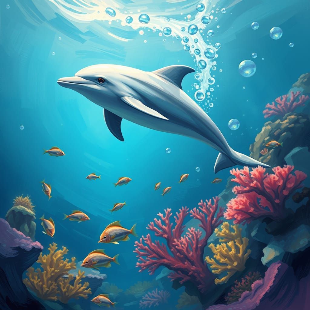 Dolphin in Vibrant Ocean with Coral: Dreamy Art