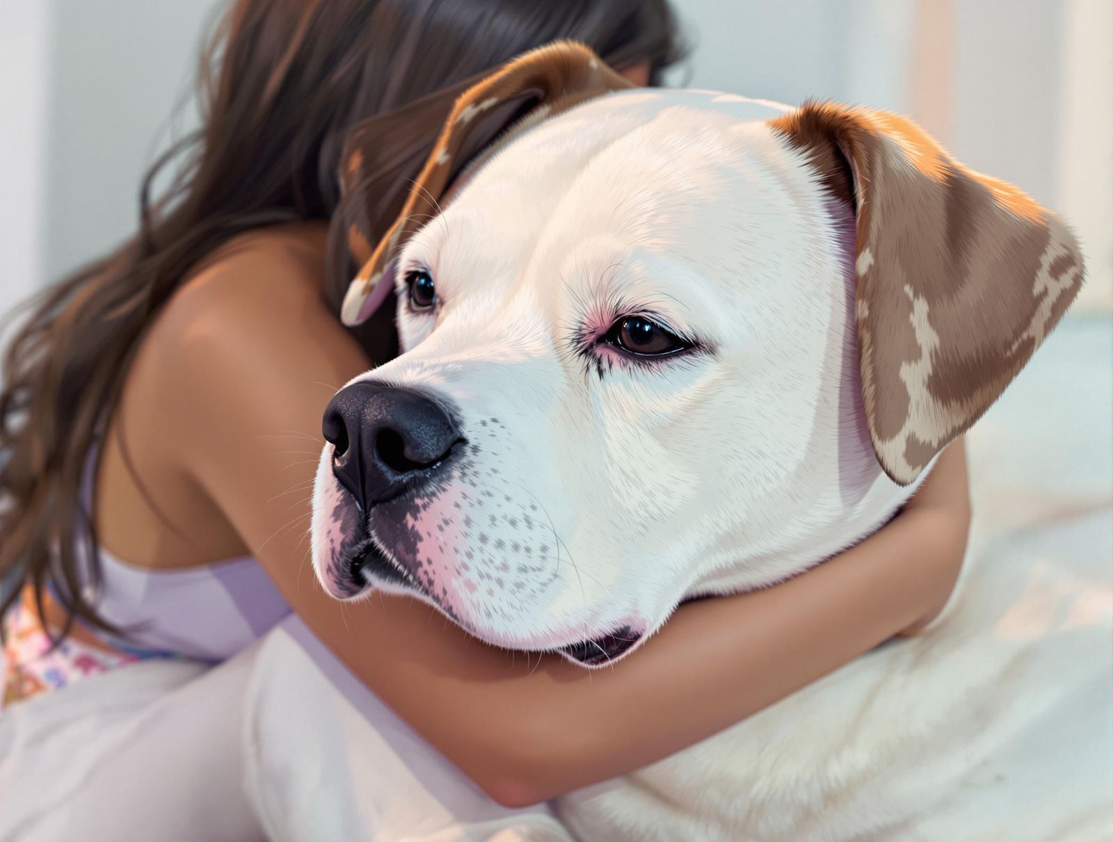 Cute Labrador Dog Hugged by Attractive Latina Woman