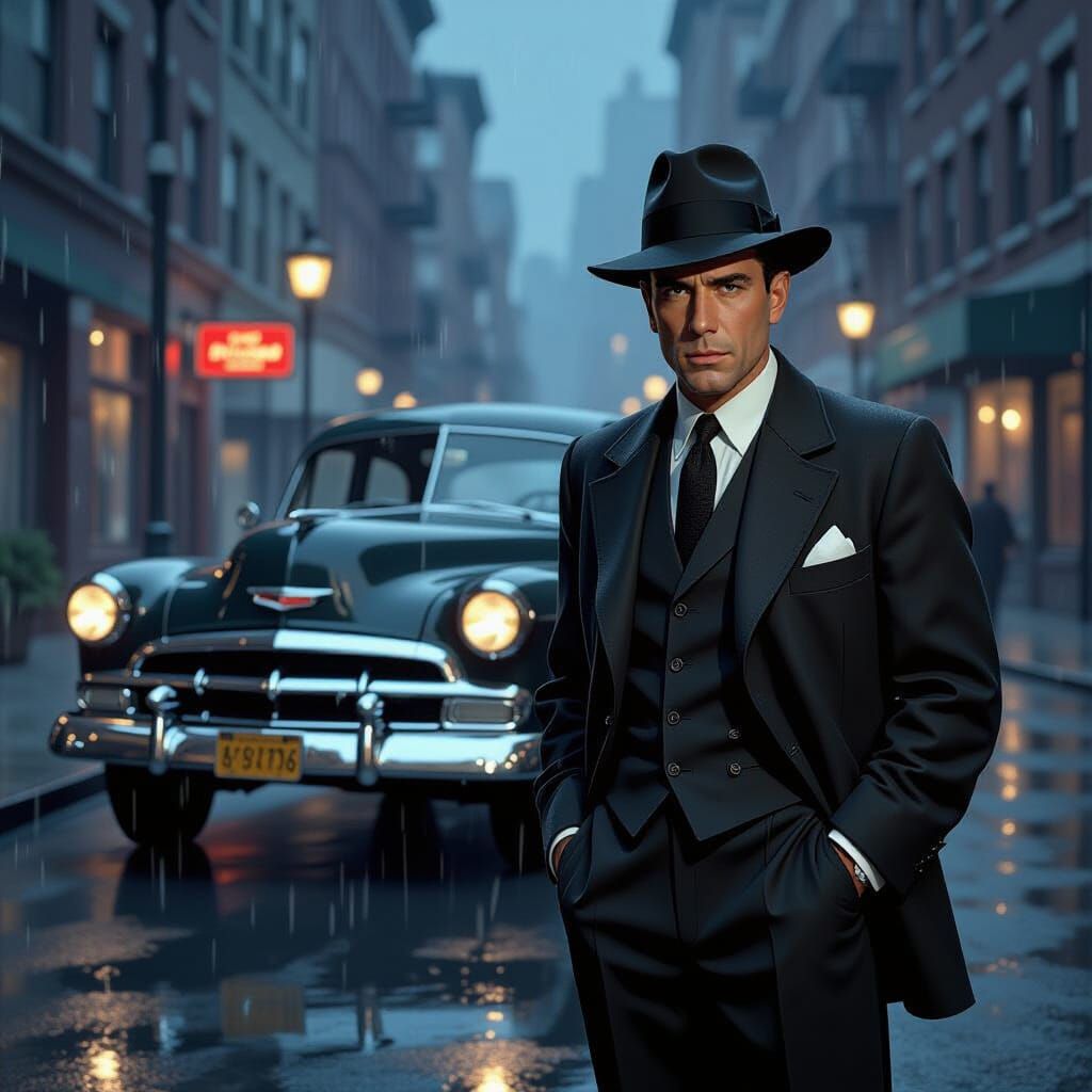 Film Noir Private Eye in Rainy 1940s New York