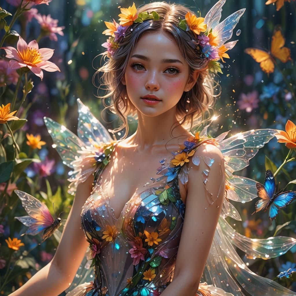 Beautiful Fairy with Sparkling Dress and Flowers