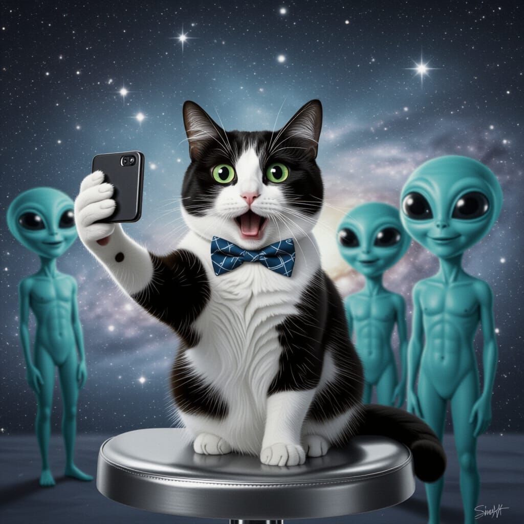 Selfie with Aliens: Whimsical Dreamlike Scene