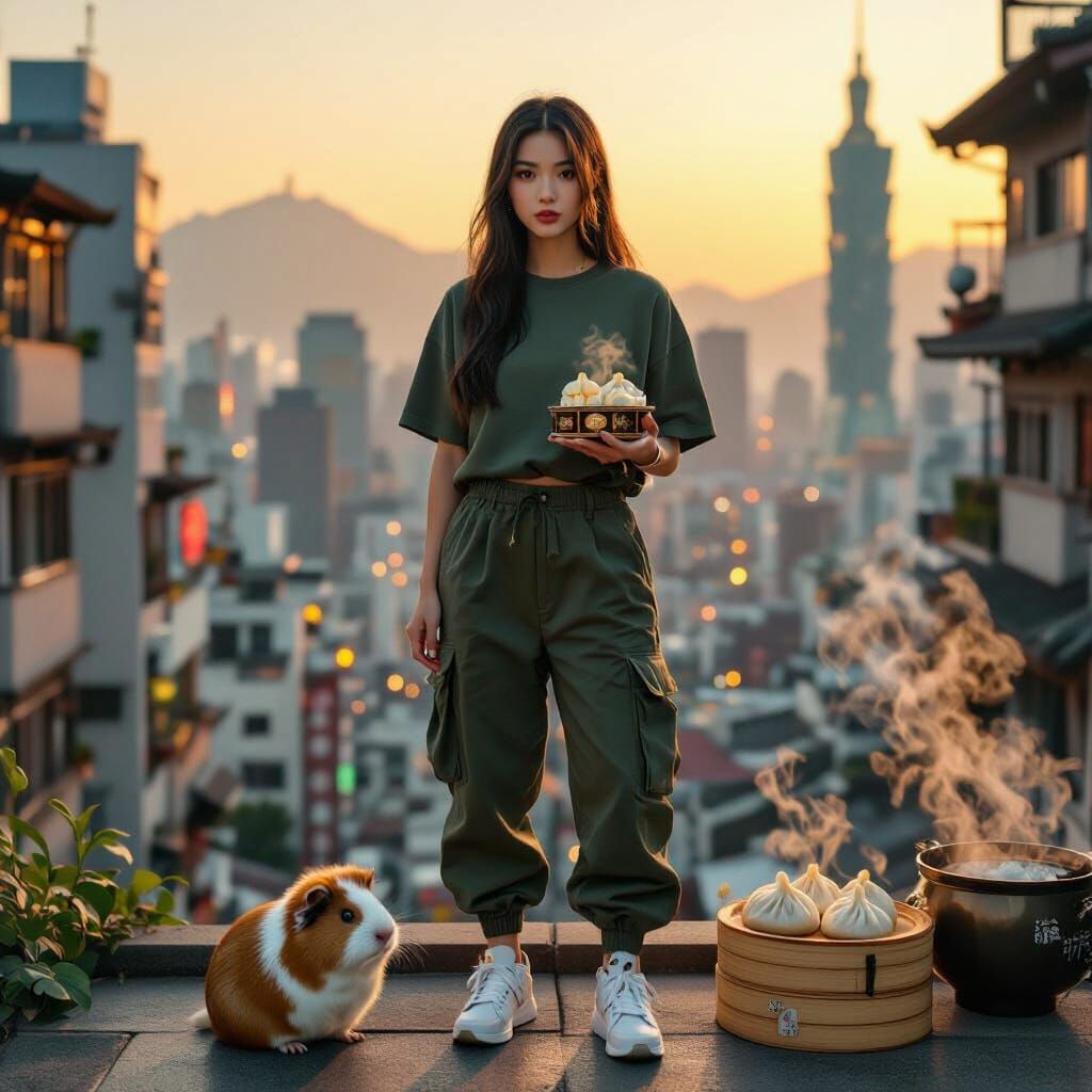 Hip Hop Style Woman in Taiwan Cityscape at Golden Hour