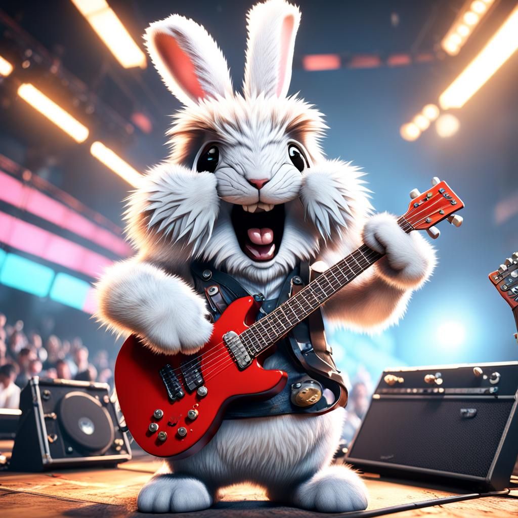 Fluffy Rabbit Guitarist Screaming: 3D Realistic Art