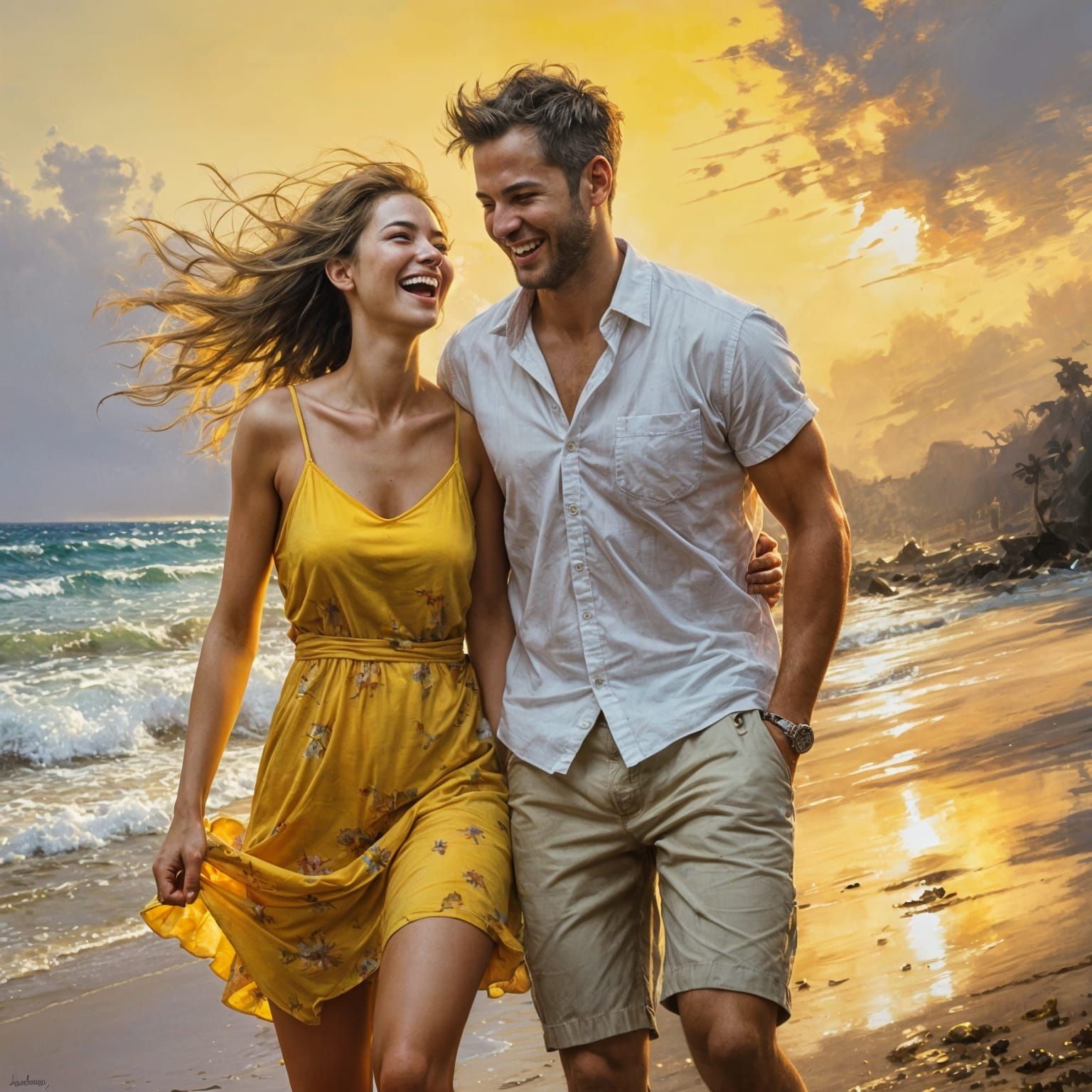 Beach Joy: Oil Painting of Laughing Couple
