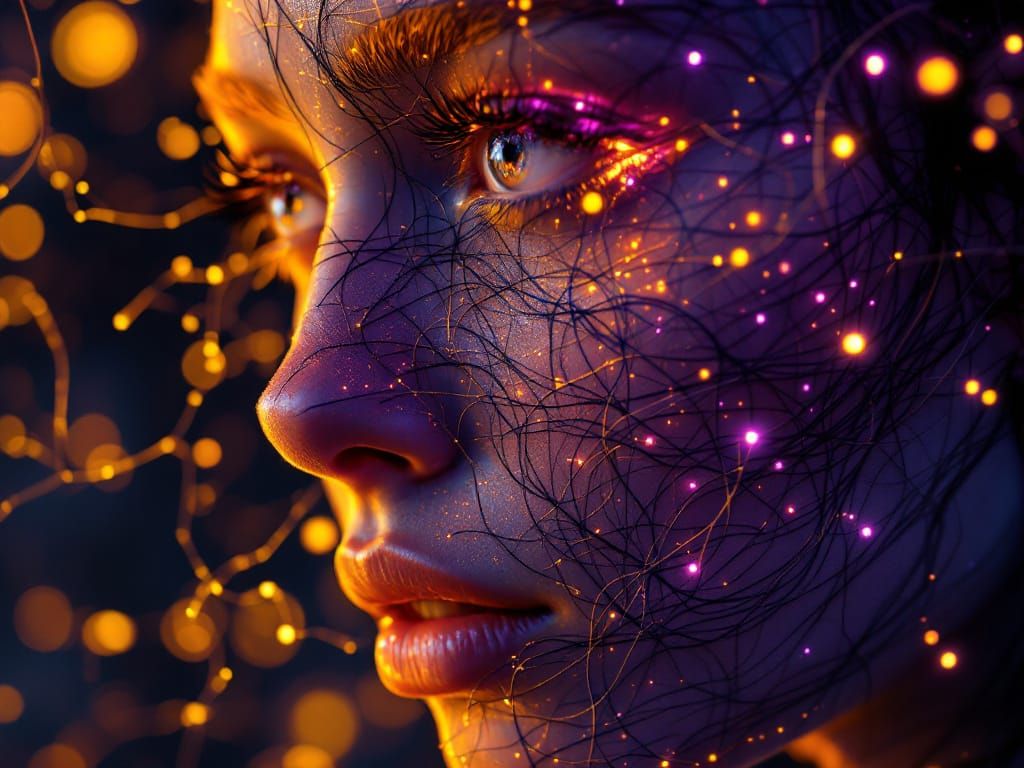 Woman's Face Half Human, Half Wires in Dark Fantasy Style