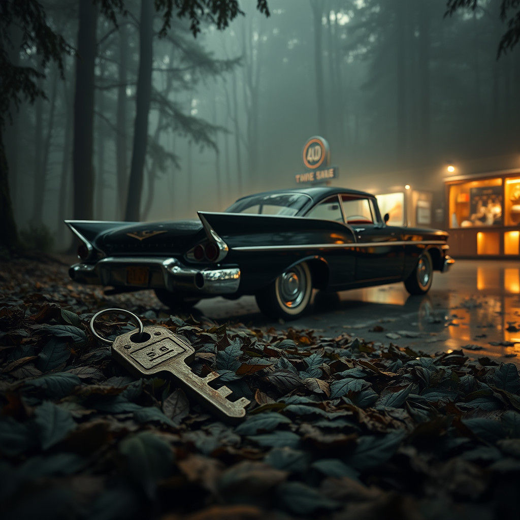 Eerie Vintage Car Key and Classic Car in Moody Lighting