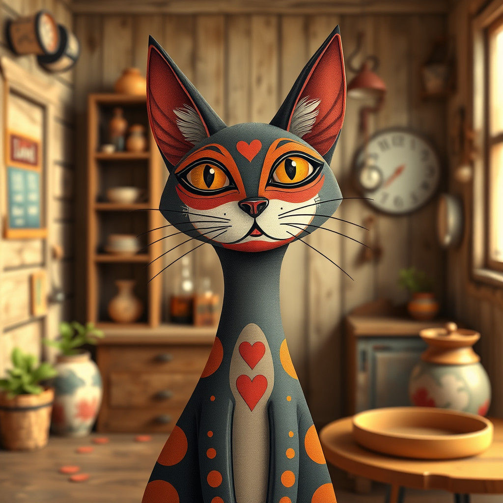 Whimsical Folk Art Cat in Rustic Farmhouse