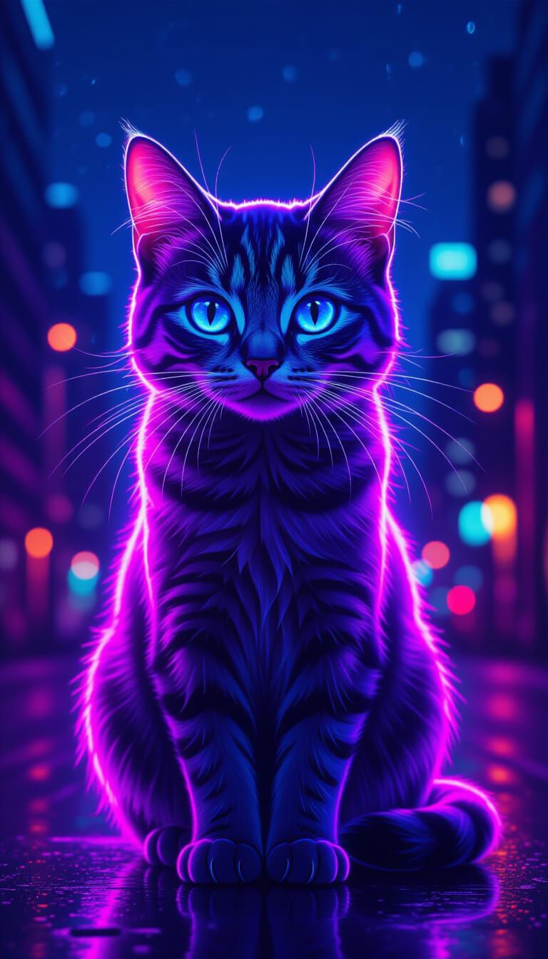 Transparent Neon Cat in Cyberpunk Cityscape