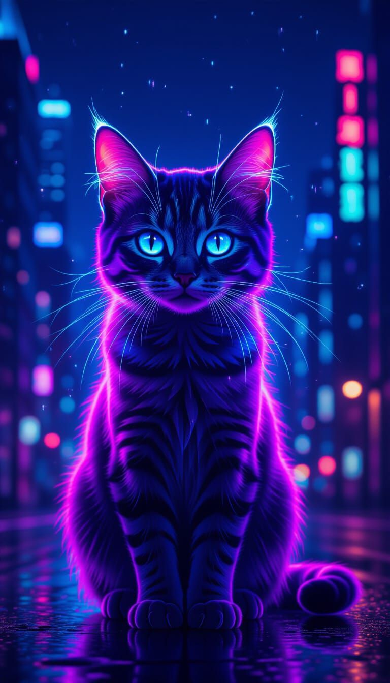 Transparent Neon Cat in Cyberpunk Cityscape