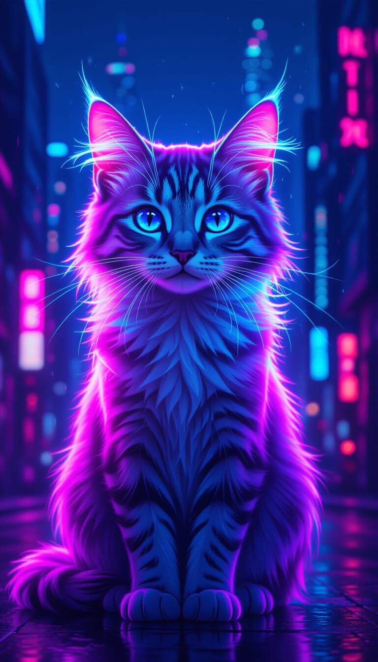 Transparent Neon Cat in Cyberpunk Cityscape
