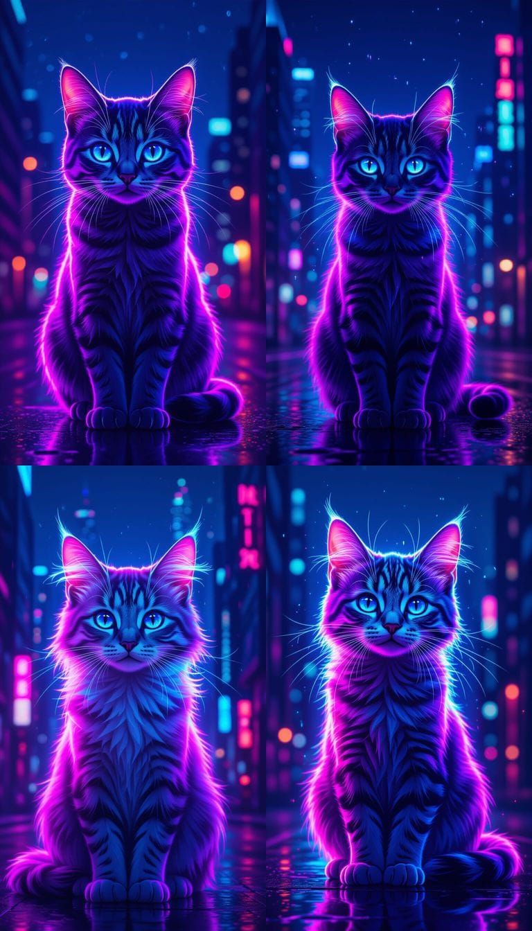 Transparent Neon Cat in Cyberpunk Cityscape