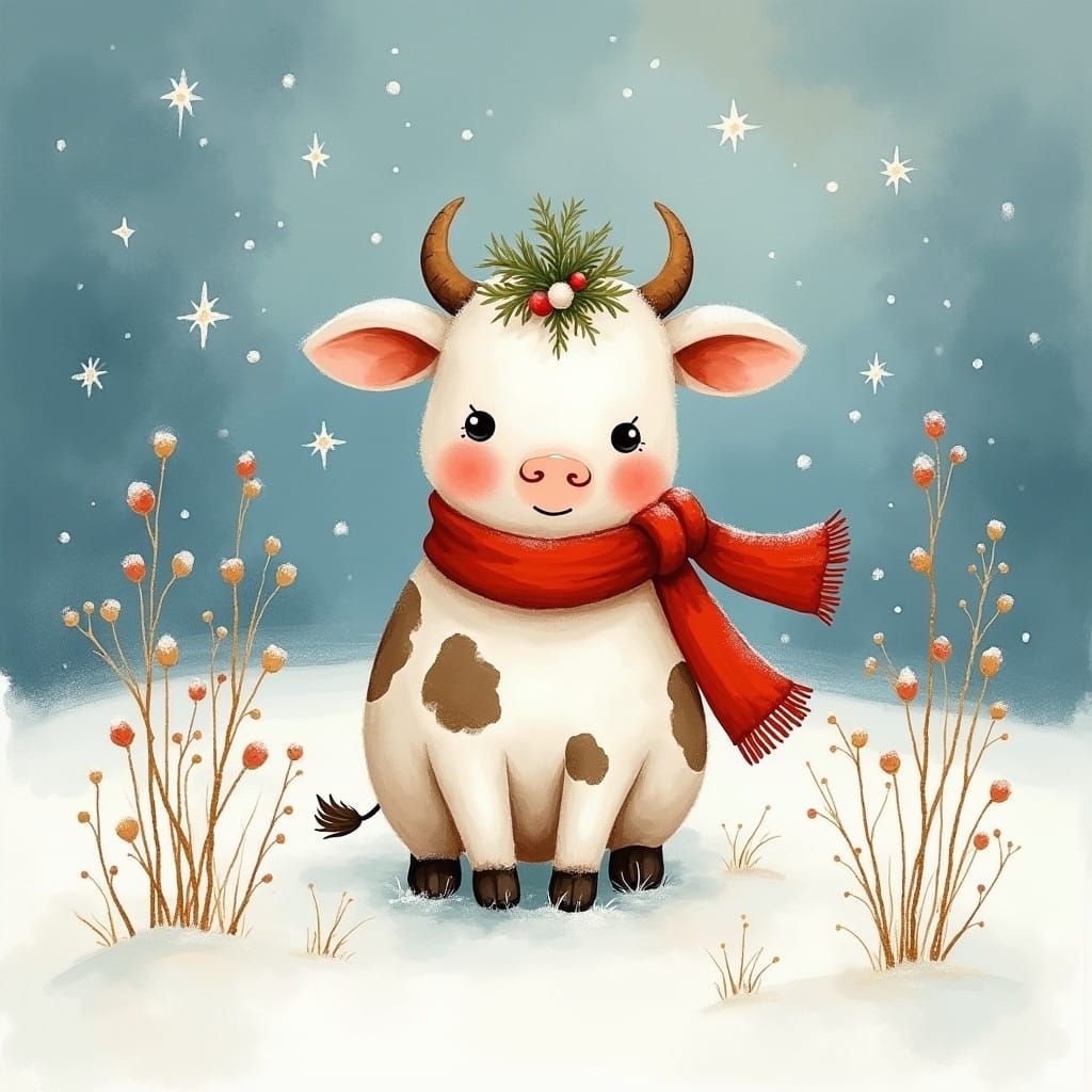 Whimsical Winter Wonderland with Little Cow in Snowy Meadow