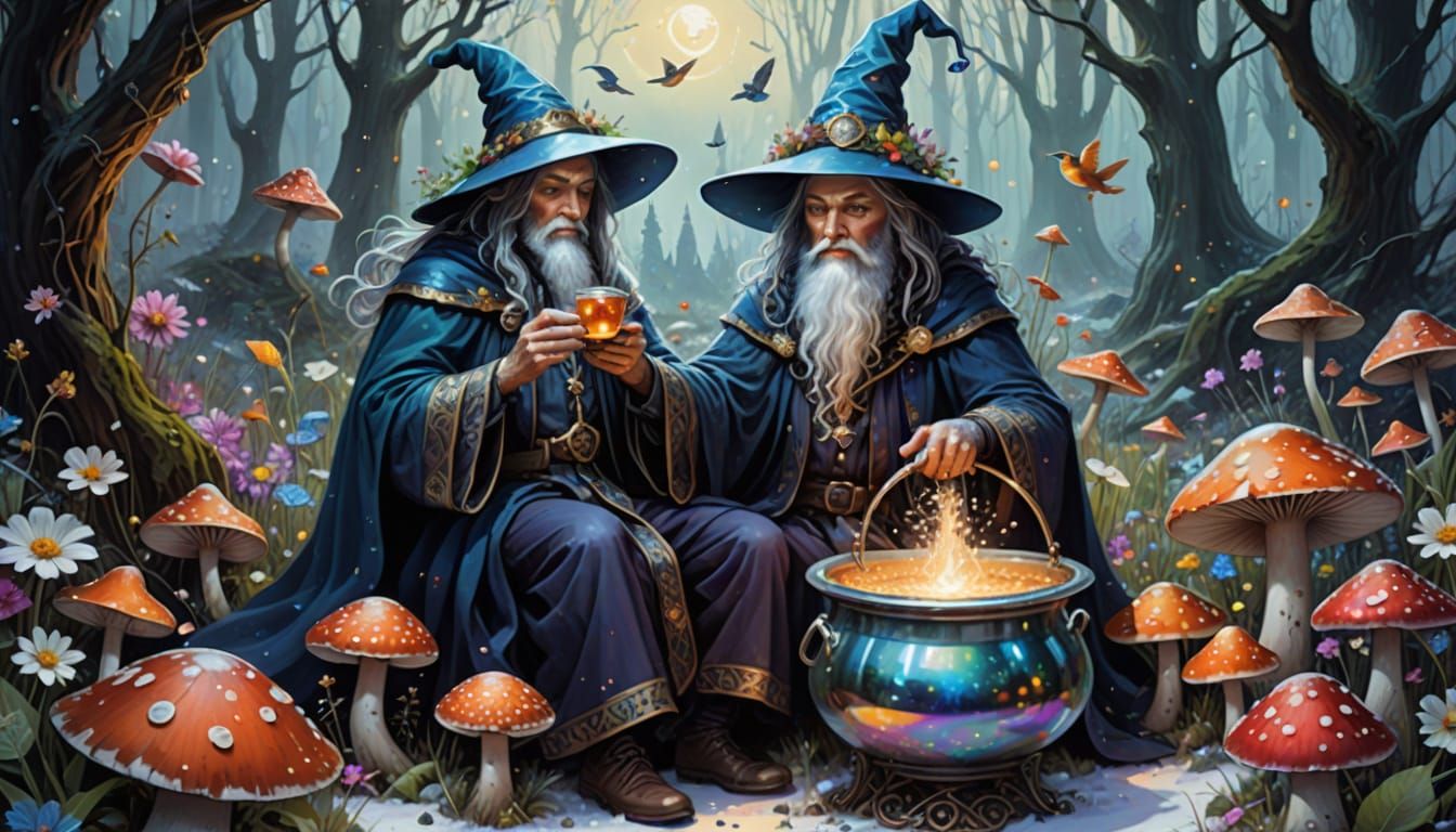 Fantasy Wizard Shares Magic Potion Amongst Whimsical Forest