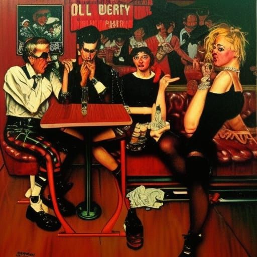 1980s Punk Rock Bar as Norman Rockwell Oil Painting