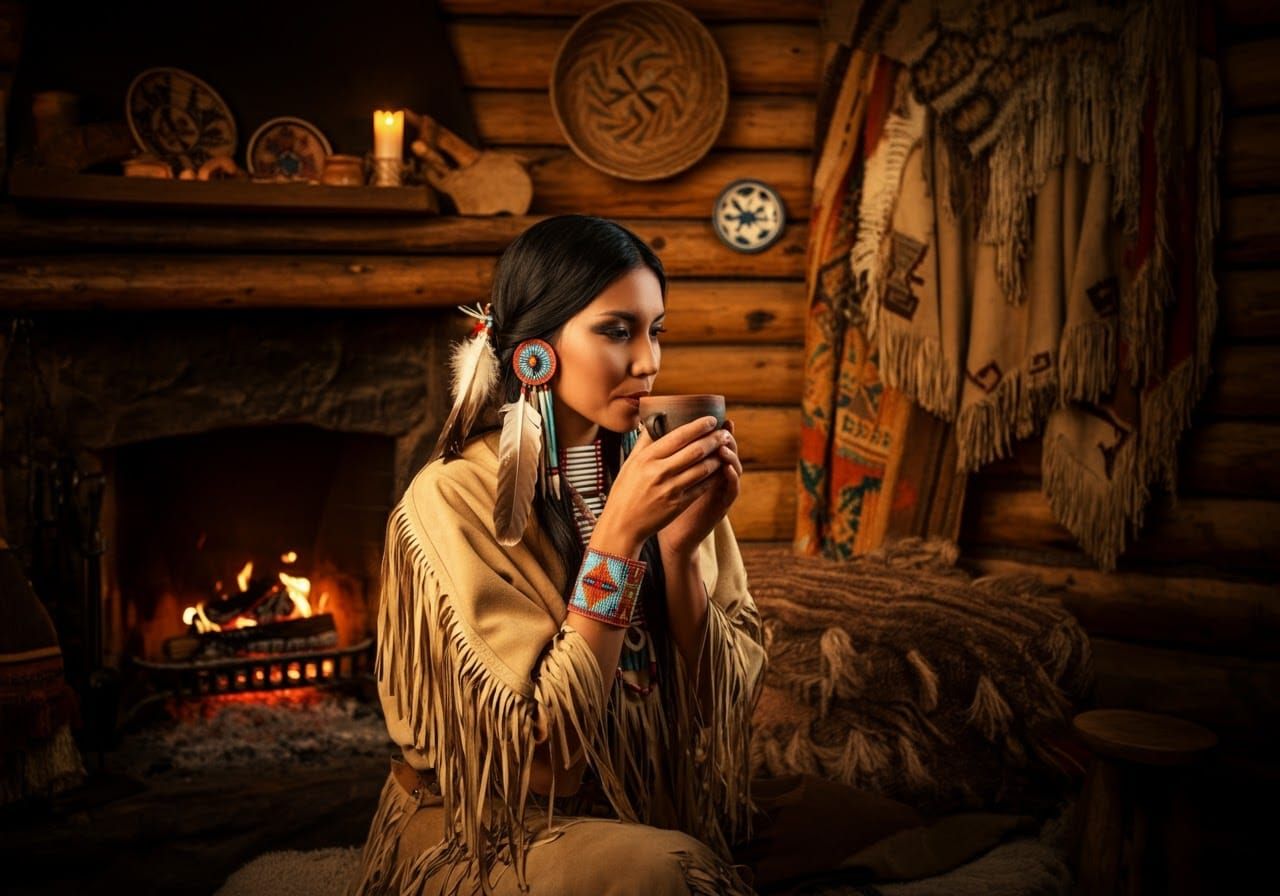 Native American Woman in Traditional Lodge