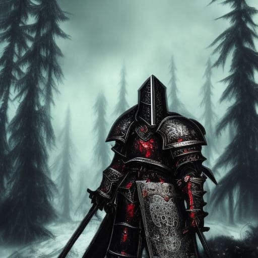Grimdark Unholy Paladin in Dark Forest, Detailed Fantasy Art