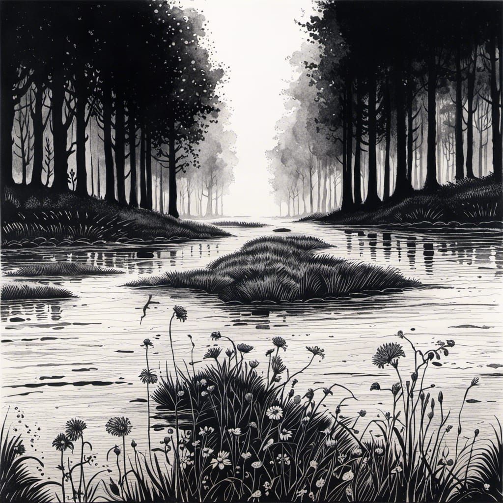 Misty Bog Landscape in Blue Ink Drawing Style