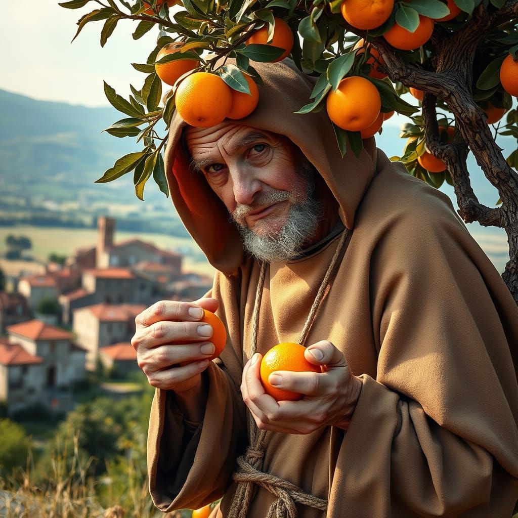 Aged Franciscan Monk Harvests Oranges in Italian Countryside