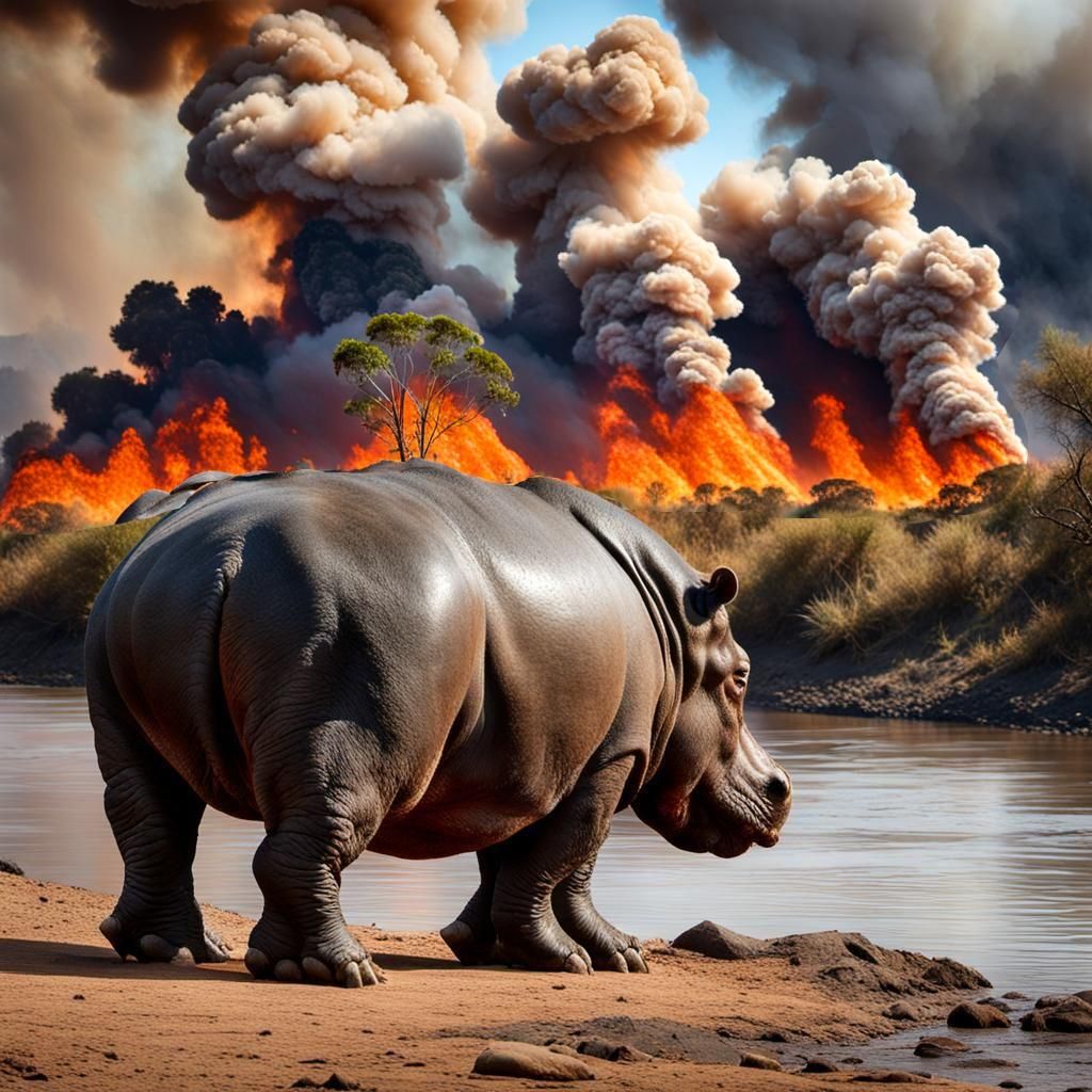 Hippo Observes Bushfire Threatening its Habitat