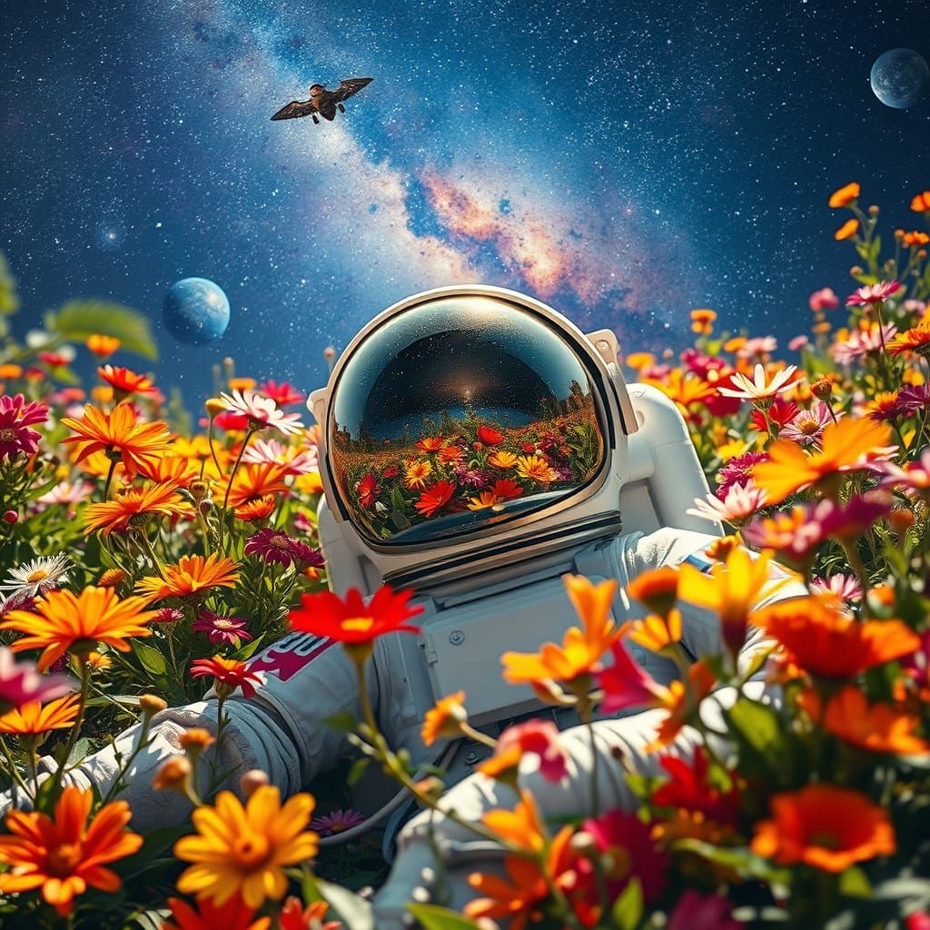 Astronaut in Vibrant Blooming Garden Reflects Starry Univers...
