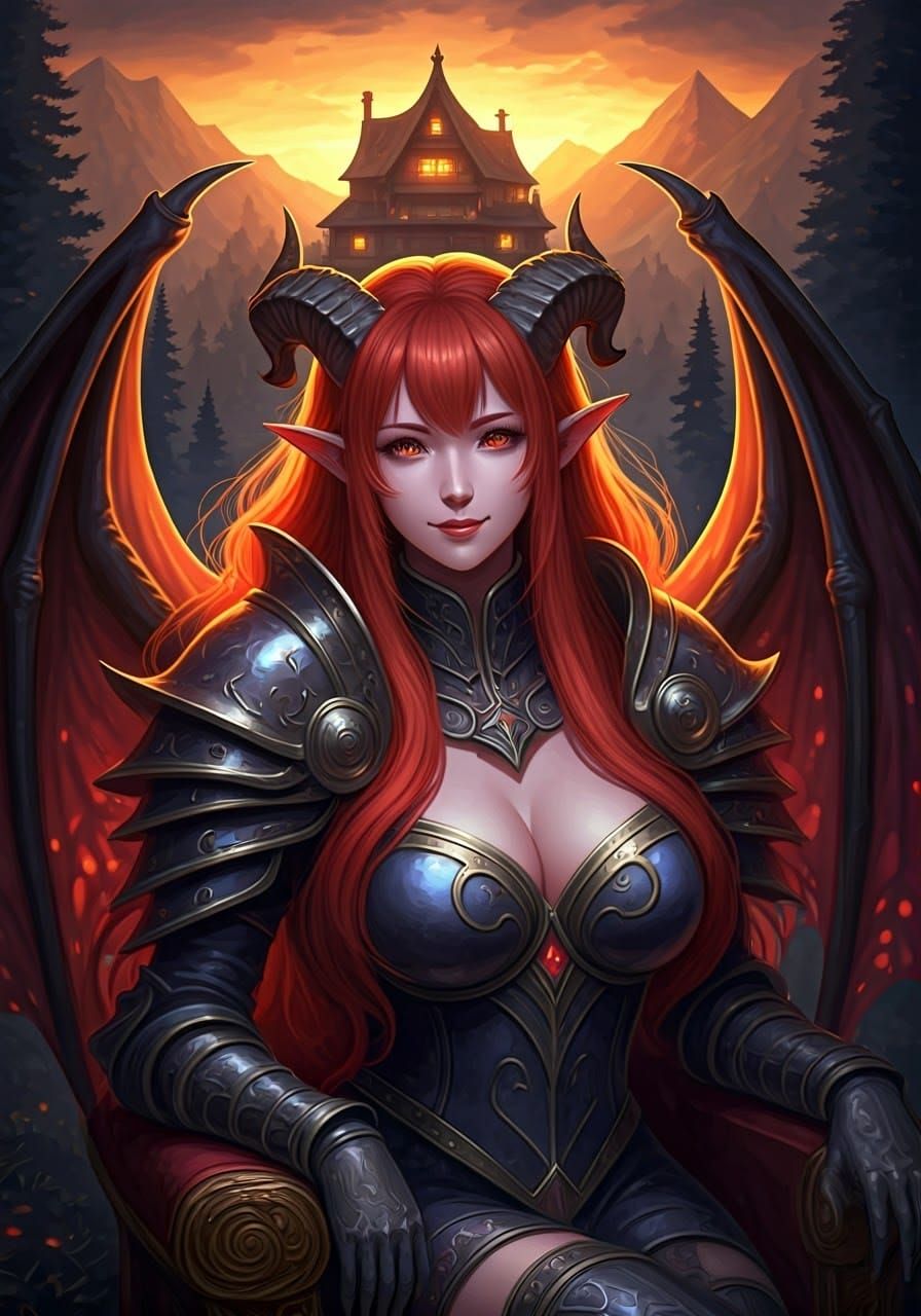 Noble Demoness Radiates Power in Whimsical Fantasy Scene