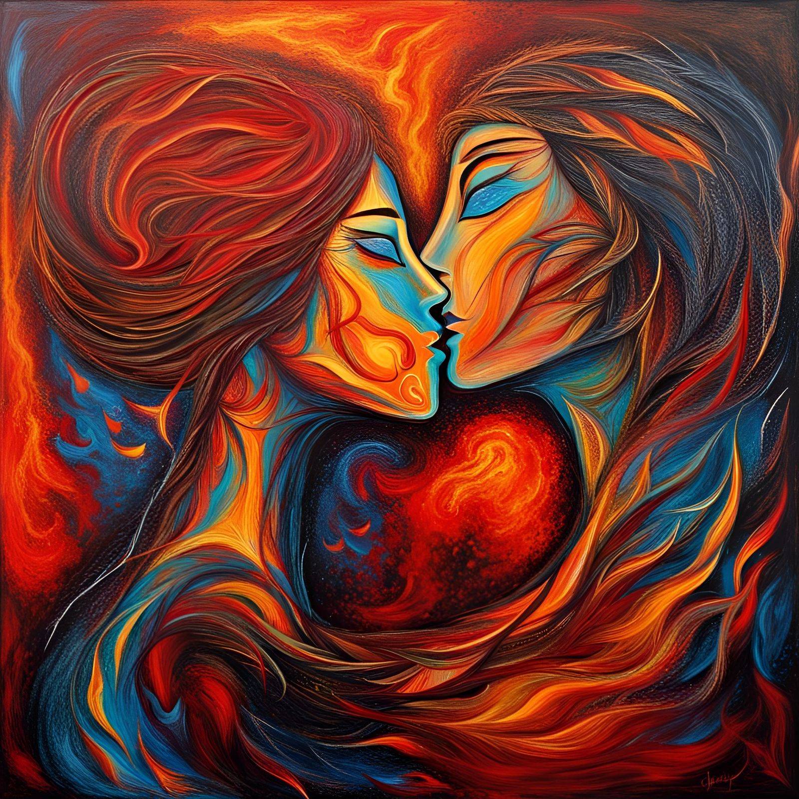 Romeo and Juliet Kiss in Fire: Abstract Art